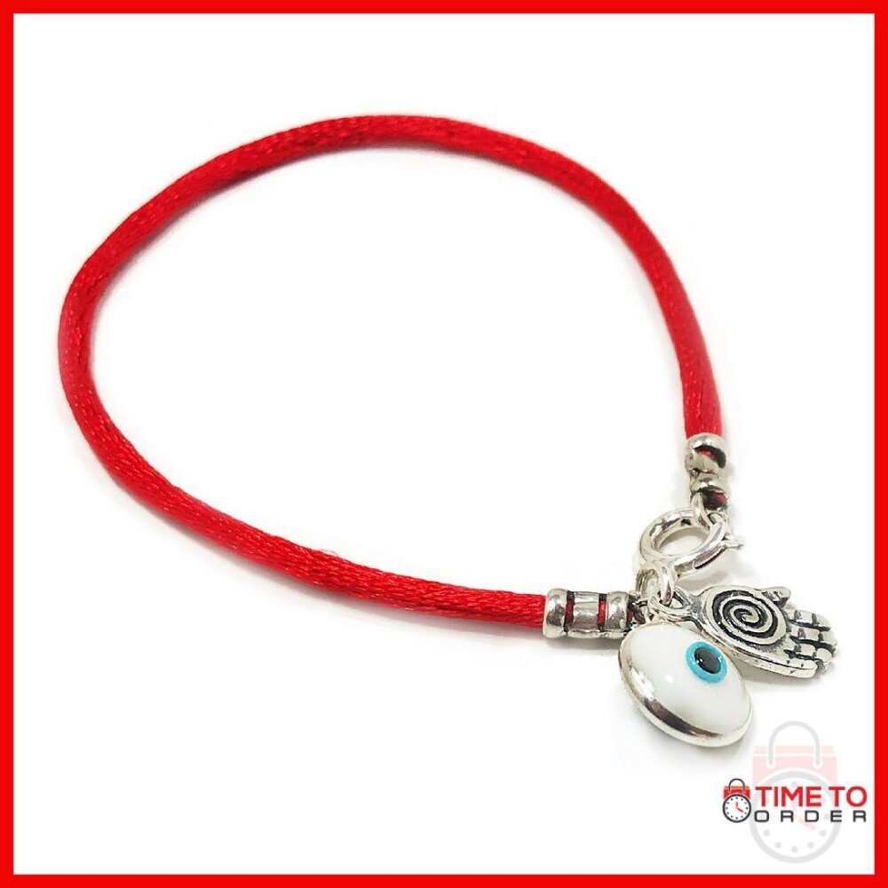 Sterling Silver Hamsa Evil Eye Protection Bracelet 8" Silk Cord